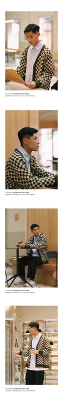 PSO Brand19AW Bàn cờ Tide Thương hiệu Ấm đan áo khoác Jacquard Đàn ông và phụ nữ Áo len cổ chữ V - Cardigan