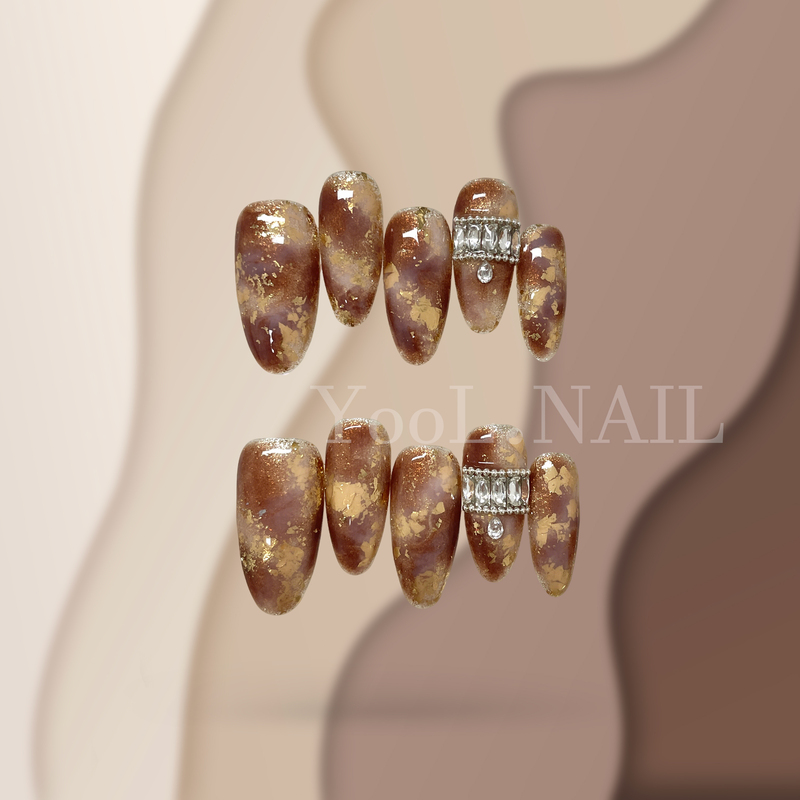 【Ningjin】Handmade Wearable Nails Coffee Color Gold Foil Manicure Removable Waterproof Nail Tips with Rhinestone Decoration
