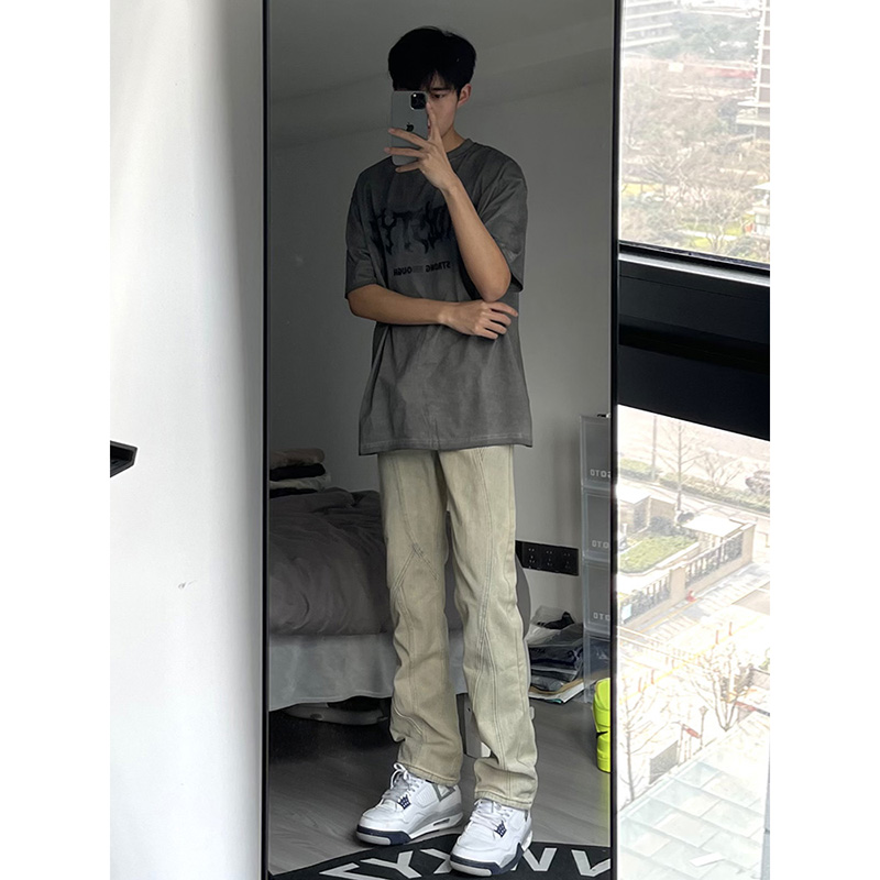 Water yellow mud jeans female straight tube vibe ancient remake pants American high street lengthened micro-lake pants