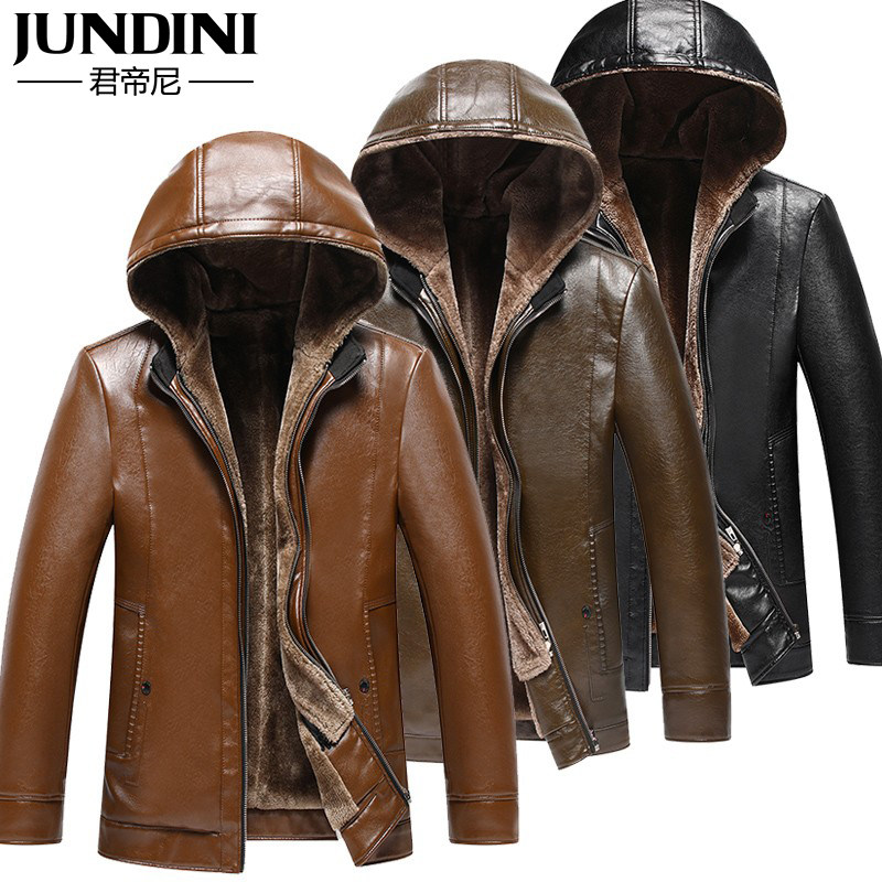 Middle-aged and elderly leather jacket dad's plus velvet thickened middle-aged men's hooded warm leather jacket grandpa winter coat