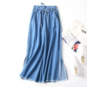 H 27 quai thun thun cạp quần ống rộng nữ 2018 mới mùa thu chẻ cạp quần lọt khe denim hoang dã C