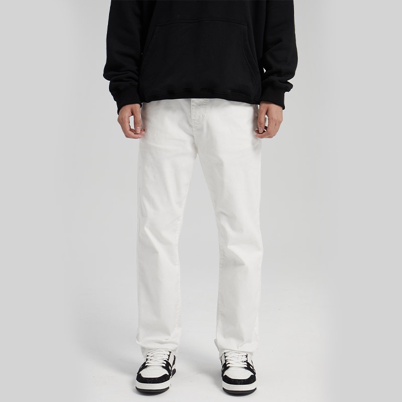 Unknowtal Basic White Slim-Fit Jeans Versatile Casual Slimming Frayed Hem Long Pants Cleanfit