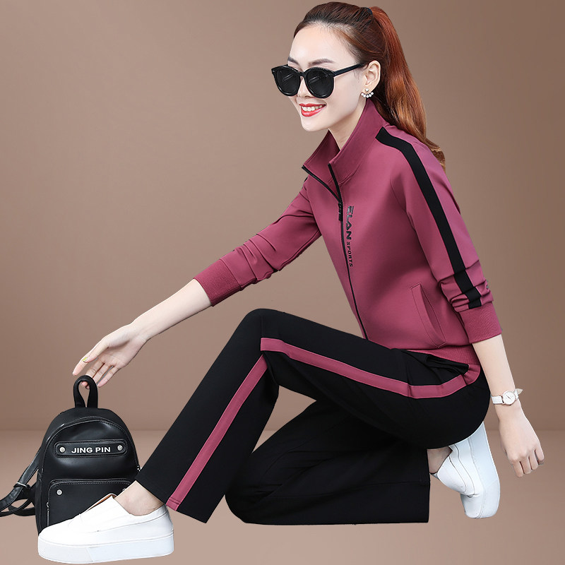 Middle-aged wide-leg pants sportswear suit women's spring and autumn 2021 new foreign school middle-aged mother autumn jacket jacket