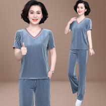 Middle-aged mother Summer 2020 new foreign style sports suit female corduroy short sleeve t-shirt two-piece set