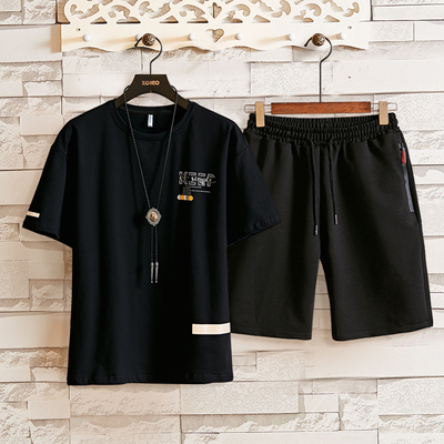 康礼夫纯棉套装男夏季短袖t恤宽松五分袖休闲运动五分裤两件套