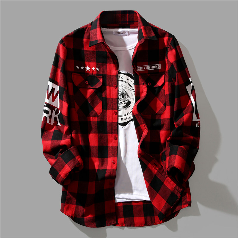 Red Plaid Shirt Men Long Sleeve Loose Casual Shirt Han Edition Trend Handsome AIR TOOLING INCH JACKET FALL