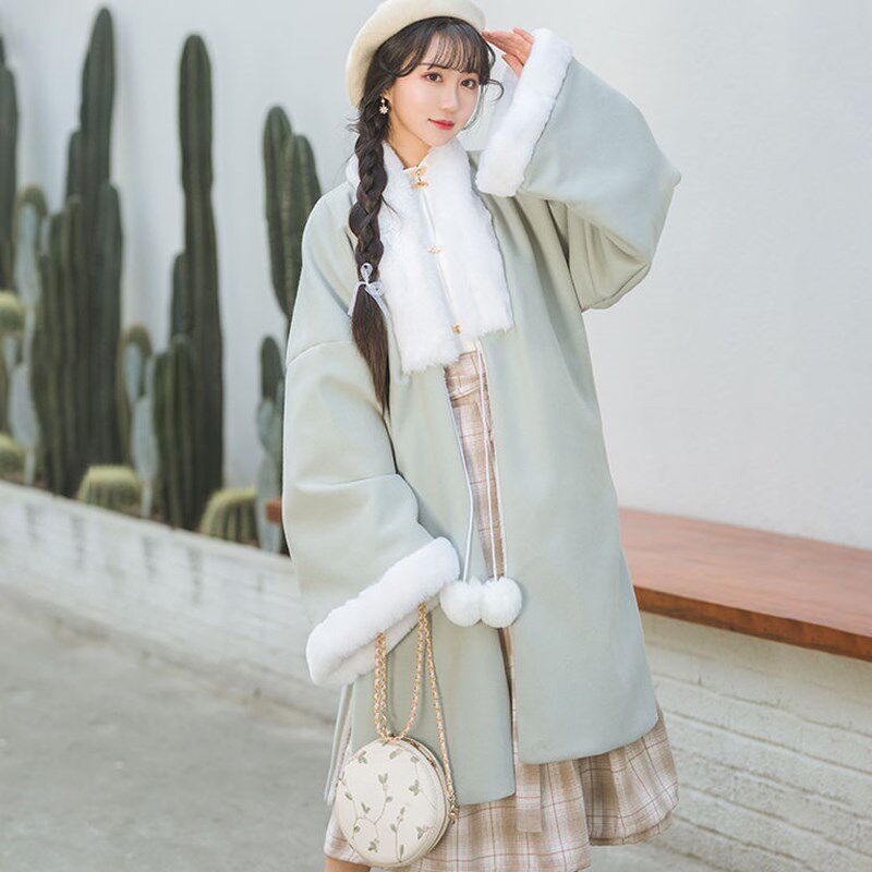 Ming system Three sets of Han uniforms Winter (lacquered) female winter style plaid cape thicken Mao's coat winter full set