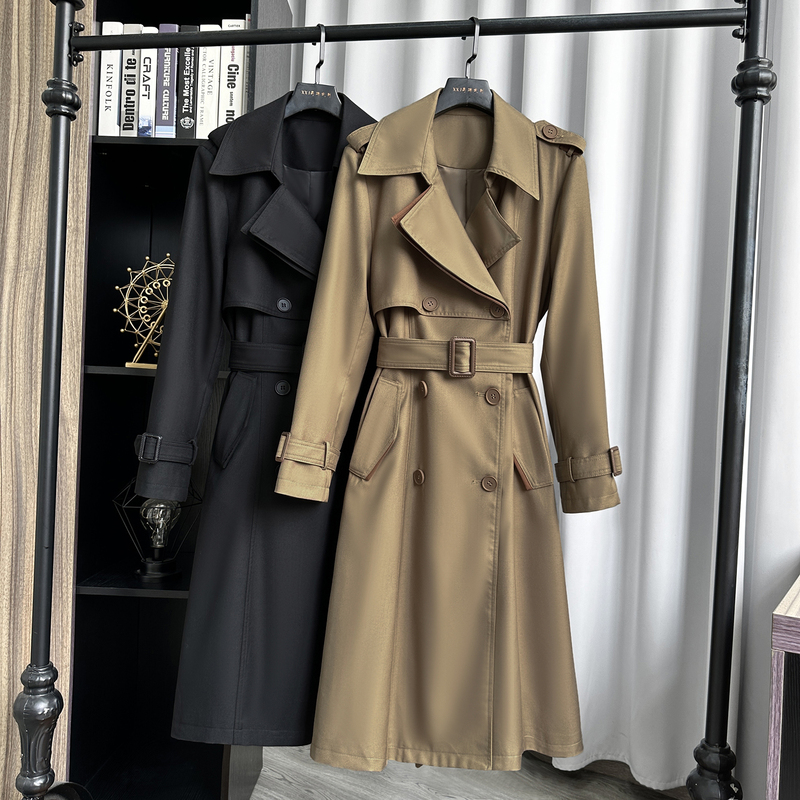 2026 Spring and Autumn New Solid Color Belted Mid-Length Trench Coat for Women, Over-The-Knee Double-Breasted, Elegant and Slimming