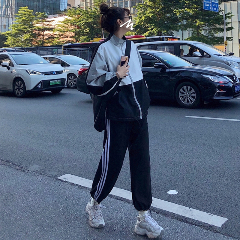 Student Korean version of the sports suit female autumn fashion loose slim sweater casual two-piece running suit ins tide