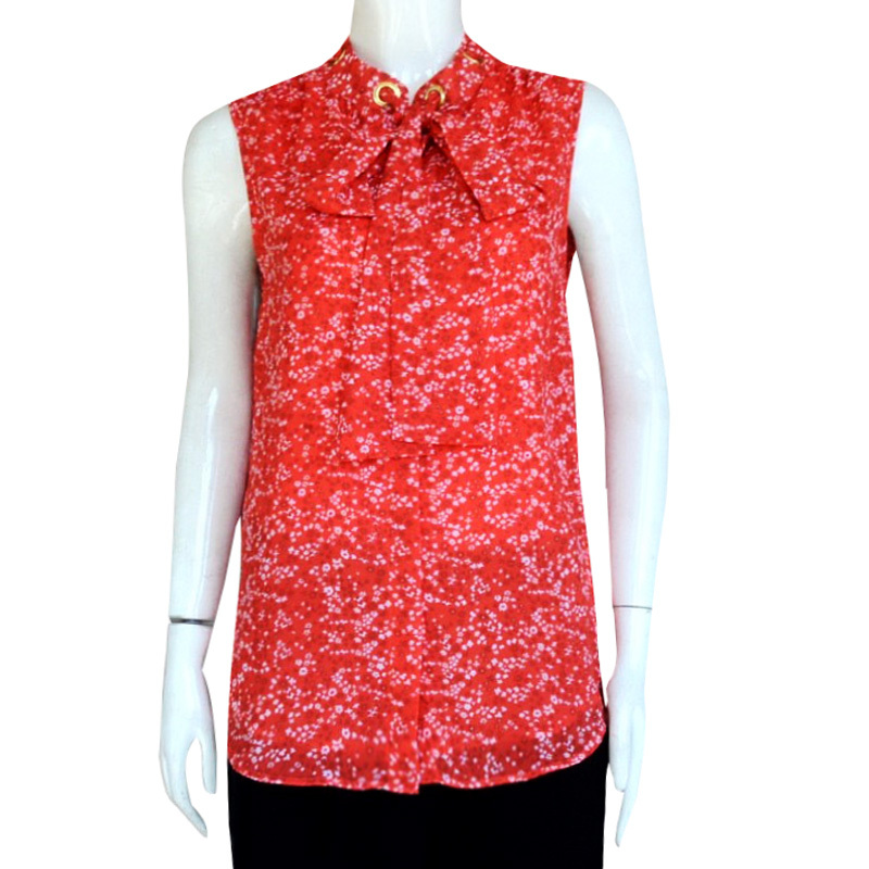 Stand Collar Sequin Tie-Up Printed Blouse Foreign Trade Mk Women's Summer New Versatile Chiffon Sleeveless Shirt