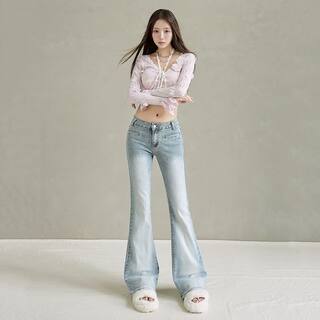 2026 New Style American Retro Hot Girl Low-Waist Flared Jeans for Women, Light Blue Slim Fit Floor-Length Bell-Bottom Pants