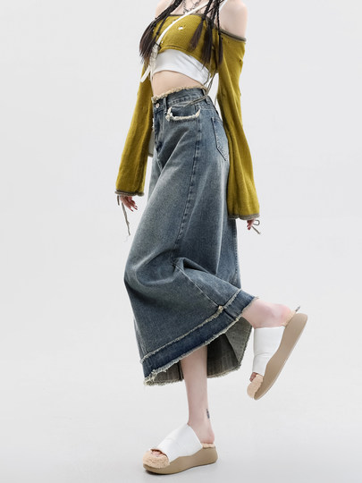Retro raw edge denim skirt for women autumn and winter 2025 new high-waisted pear-shaped body mid-length a-line skirt long skirt