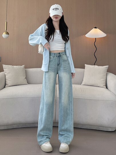 Washed Loose Wide-Leg Jeans for Women 2025 New Autumn and Winter High-Waisted Light-Colored Straight-Leg Petite Drapey Floor-Length Pants