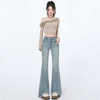 2026 New Style American-Style Light Blue Flared Jeans for Women, High-Waisted, Slim-Fit, Frayed Hem, Split Hem Bootcut Pants