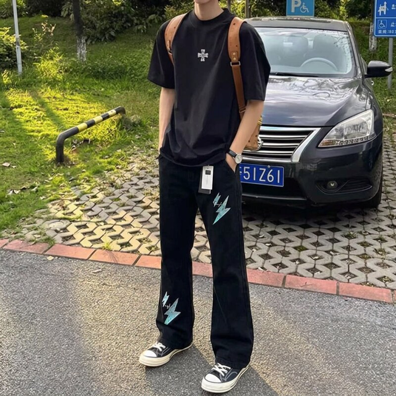 Trendy Street-Style Slim-Fit American High-Street Flared Printed Black Jeans for Men