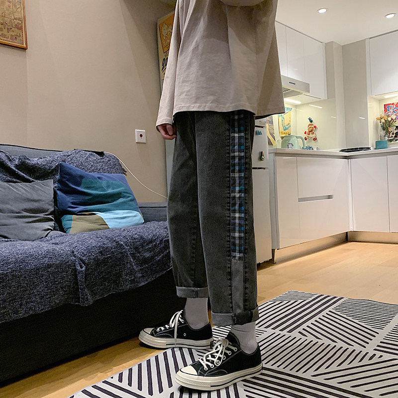 Port wind retro ins jeans men straight loose Korean version of the trend ruffian handsome stitching casual wide-leg trousers