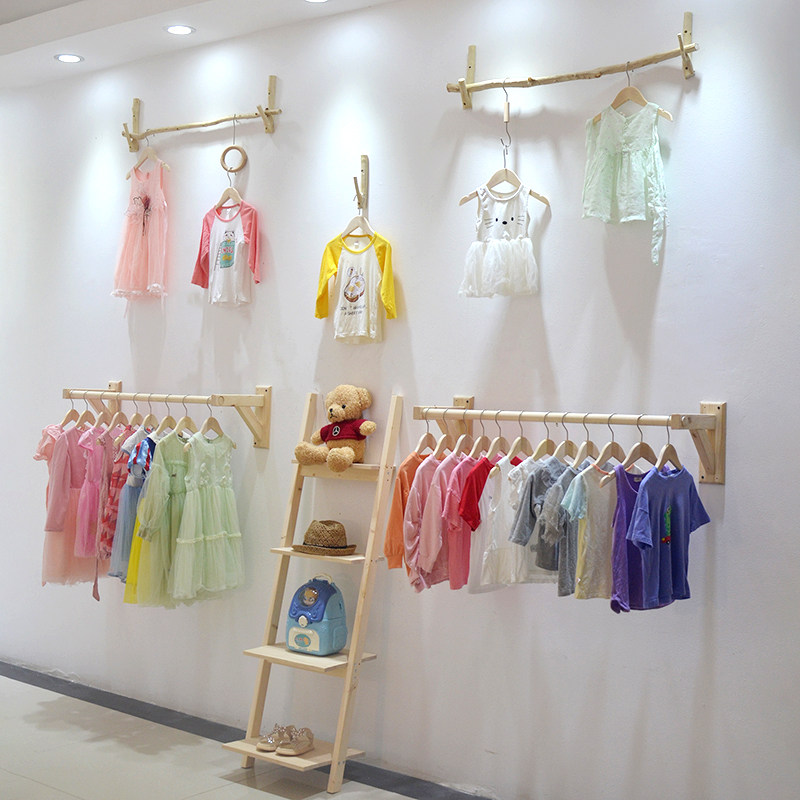 Clothing Store Display Rack Upper Wall Original Wood Color Side Hanging Wall-mounted Clothes Hanger Children's Clothing Store Clothes Display Shelf Wall Hanging-Taobao