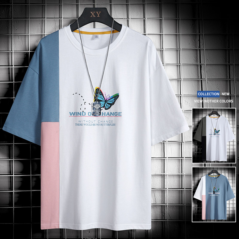 Men's short sleeves T-shirt on the bottom shirt Ins trend Chains Tide Cards Teenagers 100 hitch Collision Color Splicing Easy half sleeves