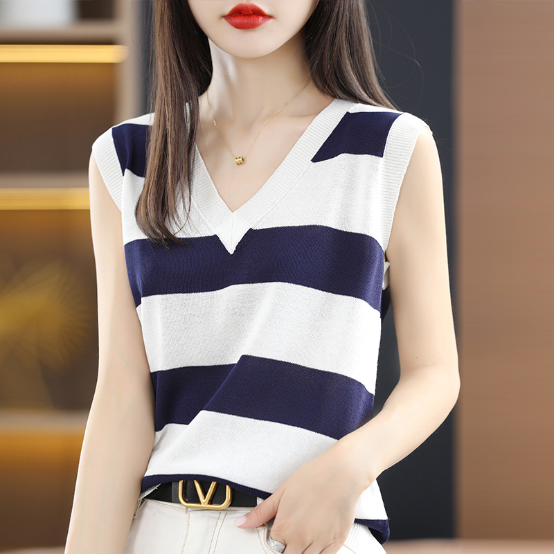 French-Style Ice Linen Striped Sleeveless Vest T-Shirt for Women, Summer 26, New Lightweight Breathable Loose Design Ice Silk T-Shirt Top