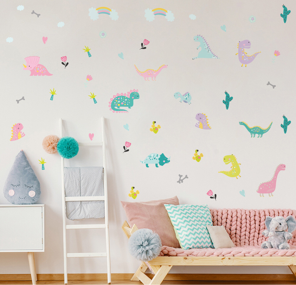 ins dinosaur children's room wall sticker macaron rainbow room decoration wall sticker furniture sticker self-adhesive removable