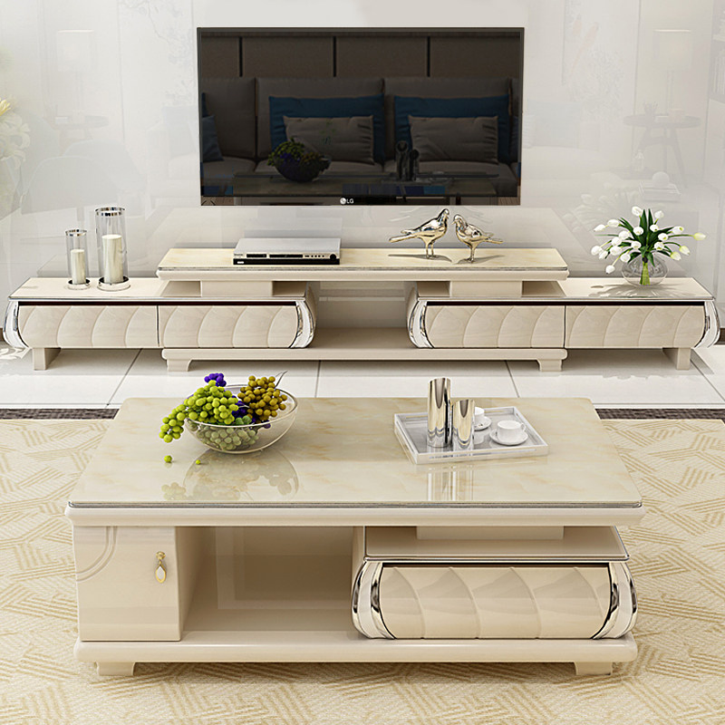 TV Cabinet Tea Table Composition Brief Modern Living Room Small Household Type Tempered Glass TV Enclosure Marble Retractable 