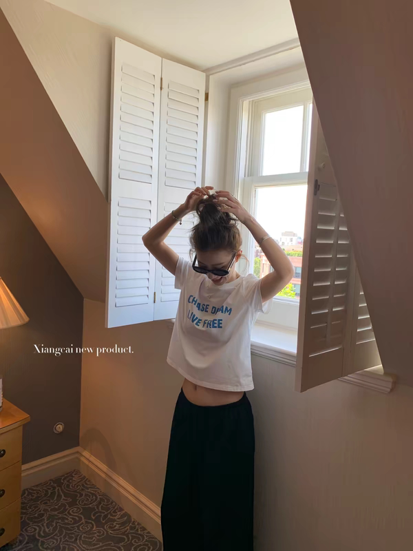 Coriander Without Spice【7/26 New Product Limited Time Discount】Cling Blue Monologue*White Print Loose Round Neck T-Shirt