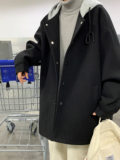 Abrigo de lana con capucha para niños primavera y otoño nueva chaqueta de empalme de marca de moda estilo de Hong Kong abrigo de lana de color sólido simple suelto