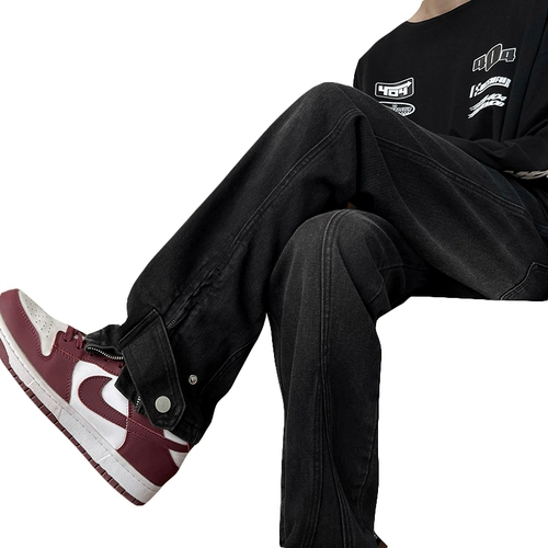 Осенние черные джинсы, штаны с молнией, в американском стиле, большой размер, свободный прямой крой, оверсайз