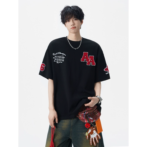 Бархатная дизайнерская летняя футболка с коротким рукавом, в американском стиле, тренд сезона, оверсайз