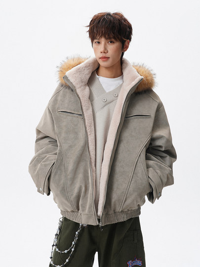 Chaqueta de algodón de cuero de pu con capucha y cuello de piel desmontable de estilo americano, moda de invierno para hombre, además de abrigo de algodón de terciopelo, chaqueta cálida holgada y gruesa