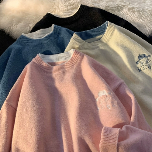 Демисезонный свитер, мультяшный трикотажный комплект для влюбленных, с вышивкой, свободный крой