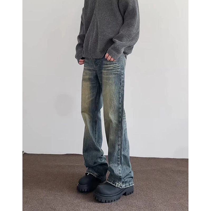 Flared Retro Blue Jeans for Men, American High Street Hip-Hop Style, Washed and Distressed, Trendy Brand Design, Gradient Straight-Leg Pants