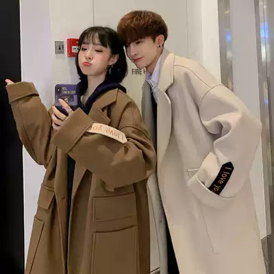 Autumn and winter woolen coat men's loose and casual medium and long version of woolen coat top clothing Korean version of the trend couple wear