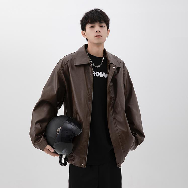 American-Style Leather Jacket for Men, Spring and Autumn, Trendy Brand, Loose Casual High Street, Cool Biker Style, Motorcycle Jacket