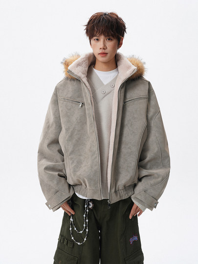 Chaqueta de algodón de cuero de pu con capucha y cuello de piel desmontable de estilo americano, moda de invierno para hombre, además de abrigo de algodón de terciopelo, chaqueta cálida holgada y gruesa