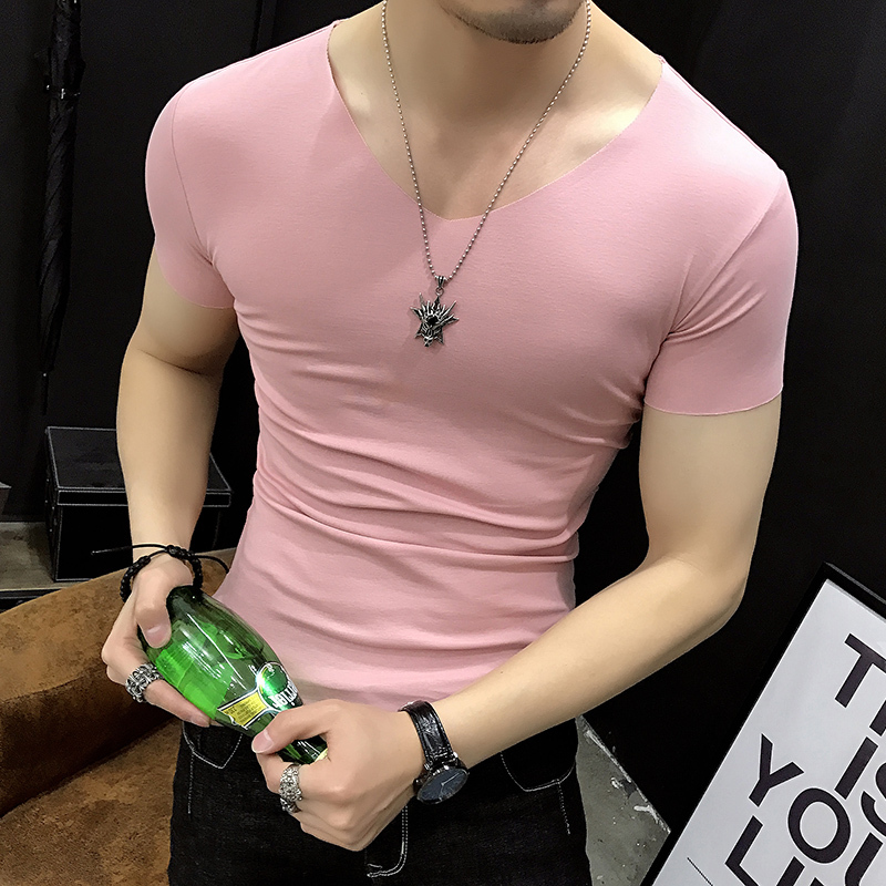 Summer T-Shirt for Men, Half-Sleeve, Tight-Fitting, V-Neck, Trendy, Thin, Pure Cotton, Slim-Fit Base Shirt, Muscle Men, Seamless Short-Sleeve