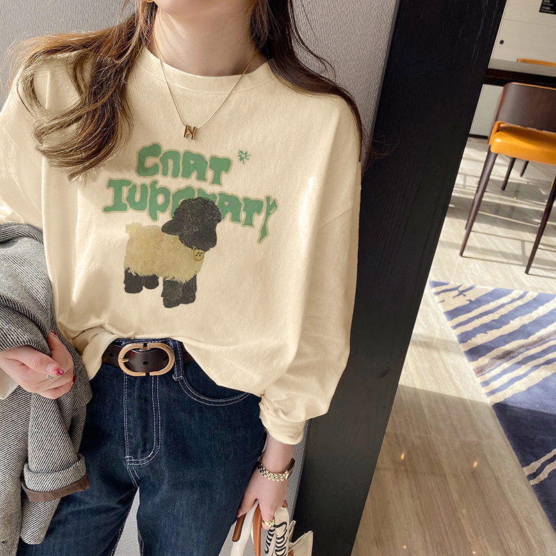 Pure Cotton Long-Sleeve T-Shirt for Women, European Style, Oversized, Trendy Ins Style, New Spring, Autumn, and Winter Model, Loose Fit, Base Layer, Plus Size Top