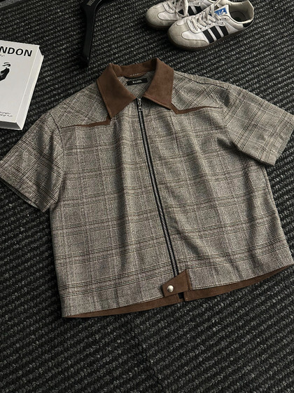 WESSK威尔士亲王千鸟格拼皮领解构短袖休闲衬衫短宽立体剪裁男女