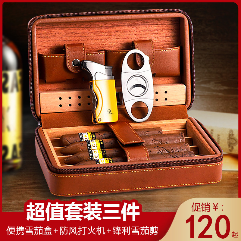 Cigar Humidor Portable Cigar Cutter Lighter Three-piece Set Tool Imported Cigar Box Portable Cigar Bag
