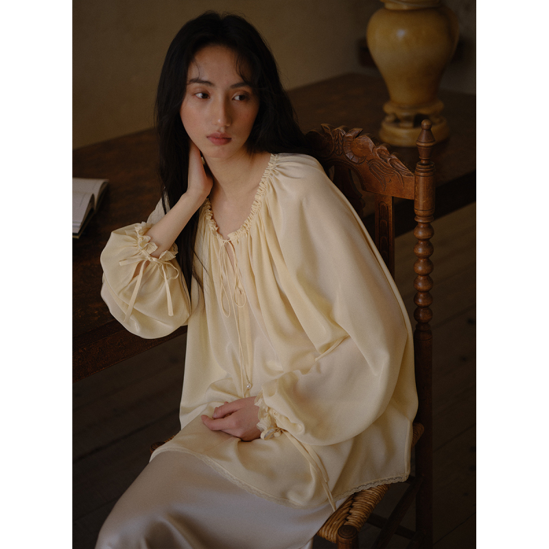 Commuse Memory『Frost Pleats』Lace-Up Lace Splicing Ruffled Silk Long-Sleeved Shirt for Women