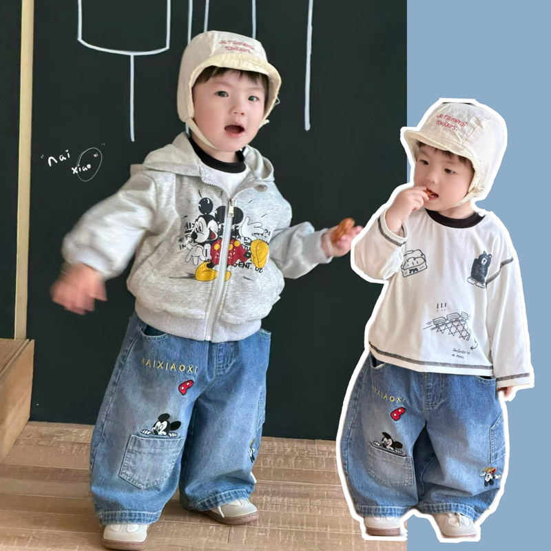 Cute Mickey Mouse Hooded Sweatshirt Jacket for Boys and Girls, Casual Mickey Jeans, Graffiti Base Shirt