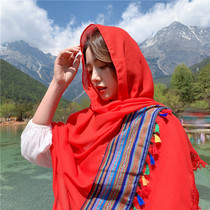 Ethnic style shawl womens outer warm red scarf thin cotton linen scarf desert Qinghai tea card salt lake photo