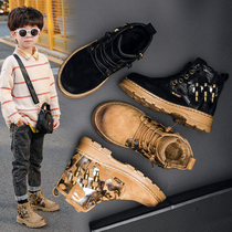 Boys Martin Boots 2021 Winter New Korean Tide English Leather Boots Plus Velvet Padded Childrens Two Cotton Shoes