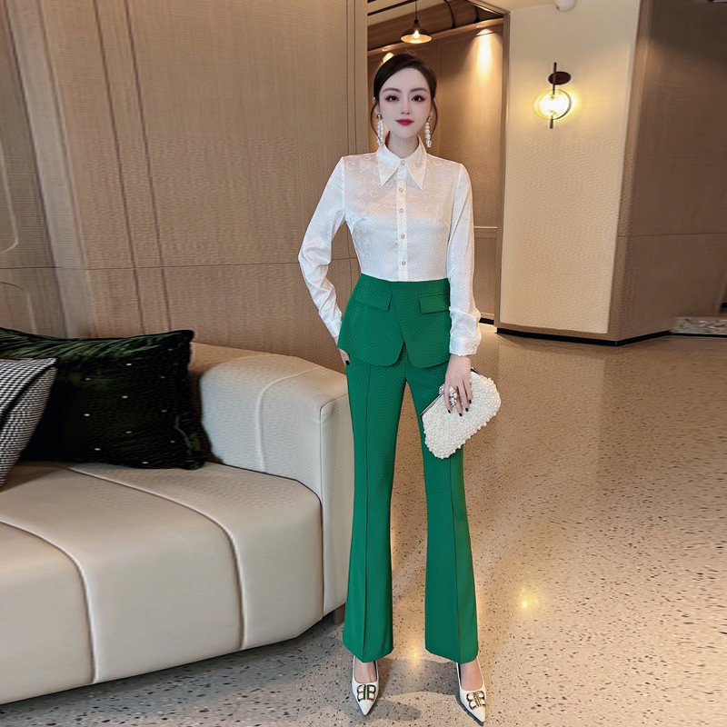 Special price 249 high-end salt-style fried street spring and autumn suit women's design shirt stitching suit jacket micro flared pants