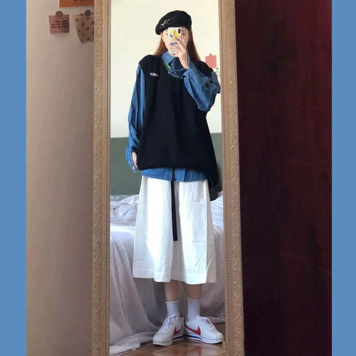 Осенний ретро комплект, модная рубашка, жилет, юбка, 3 предмета, в западном стиле