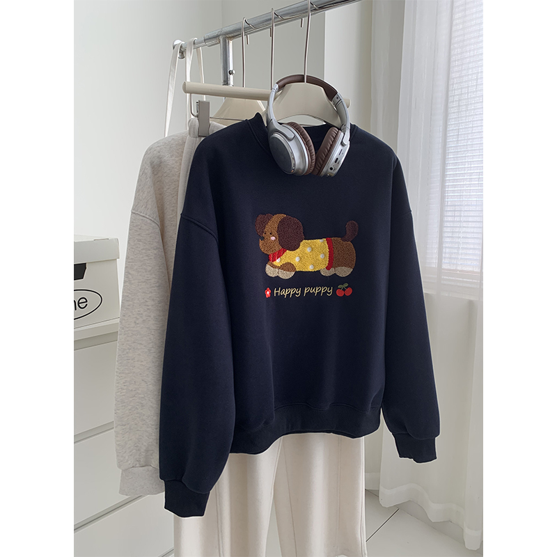 Young Mom's Korean-Style Embroidered Dachshund Crew Neck Hoodless Sweatshirt for Women, Loose Casual Top for Autumn and Winter Young Mom's Korean-Style Embroidered Dachshund Crew Neck Hoodless Sweatshirt for Women, Loose Casual Top for Autumn and Winter