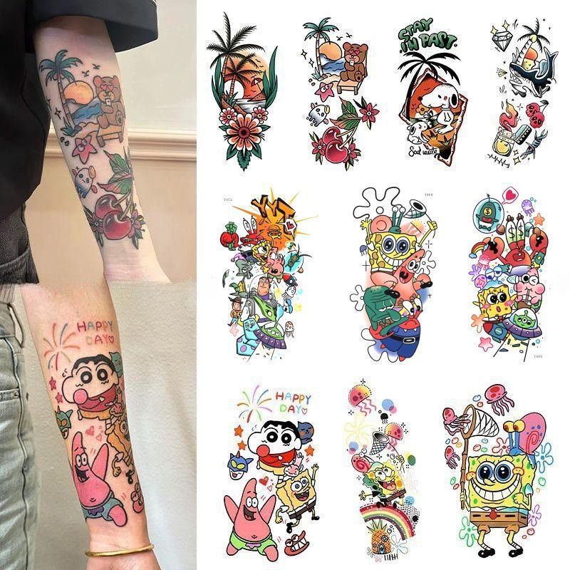 Temporary Tattoo Stickers That Last for a Year, Summer Old School Style, Colorful Spongebob Cartoon Tattoo Stickers for Arm Temporary Tattoo Stickers That Last for a Year, Summer Old School Style, Colorful Spongebob Cartoon Tattoo Stickers for Arm