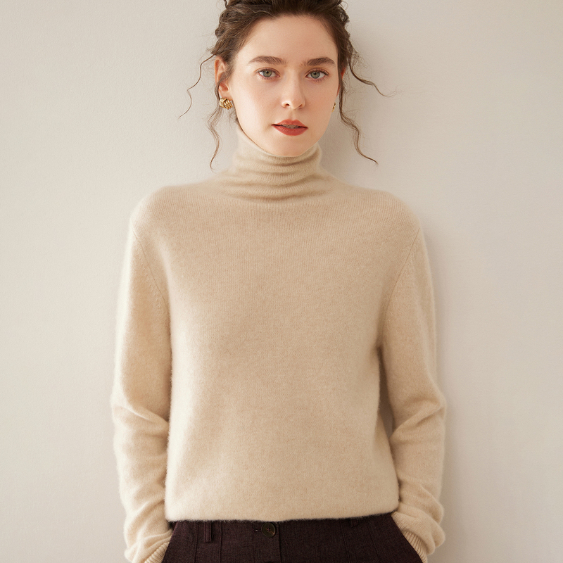 Rolled-Edge Stacked Collar Cashmere Sweater for Women, Loose-Fitting Warm Base Layer, Minimalist Style Versatile Knit Sweater Rolled-Edge Stacked Collar Cashmere Sweater for Women, Loose-Fitting Warm Base Layer, Minimalist Style Versatile Knit Sweater