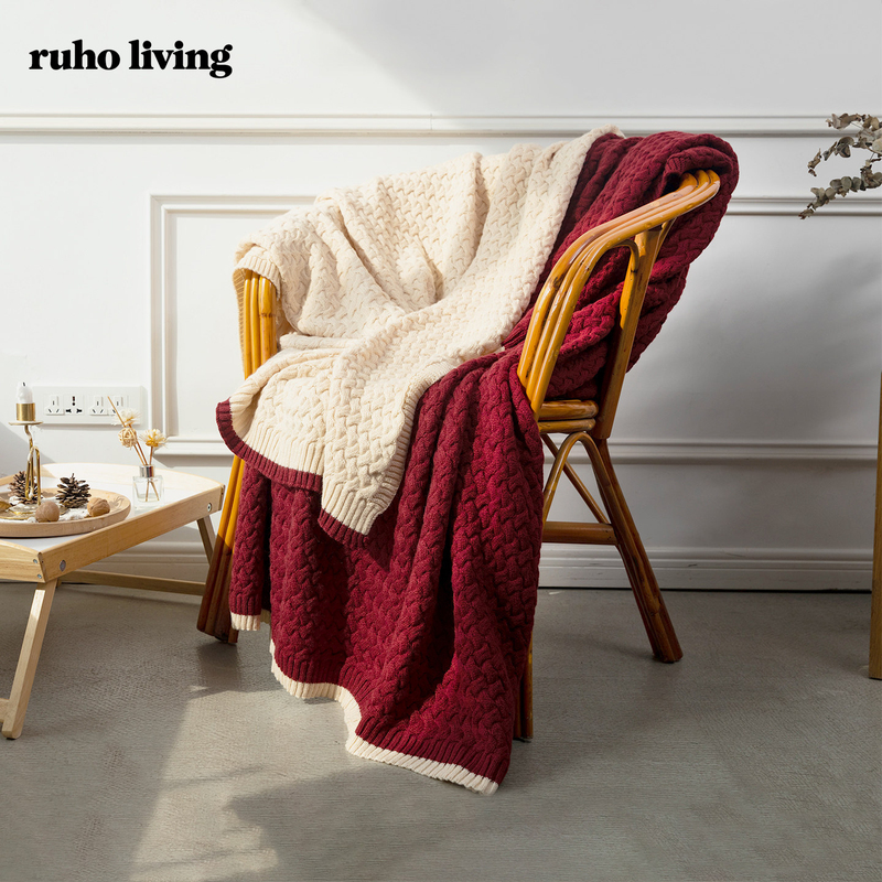 [Wedding Gift] Double-Sided Wool Knitted Blanket, Burgundy Office Nap Blanket, Bedroom Balcony Sofa Throw Blanket