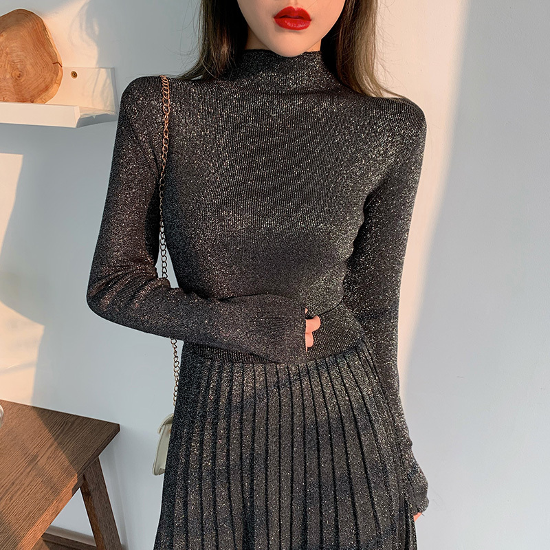 Shiny Silk Base Shirt for Women 2026 Spring and Autumn New Stylish Thin Inner Wear Glitter Tight-Fitting Half-High Collar Knitted Sweater Trendy